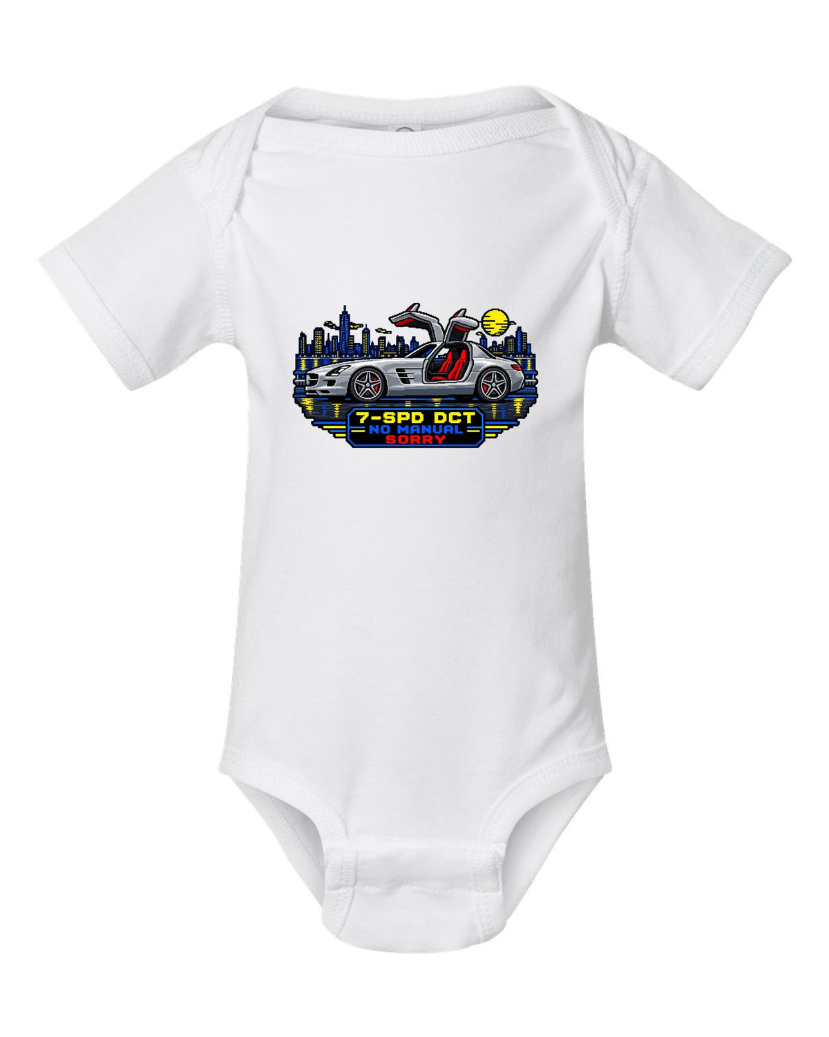 16-bit pixel art Mercedes SLS AMG C197 gullwing with 7-SPD DCT No Manual Sorry text white baby onesie front view with the design