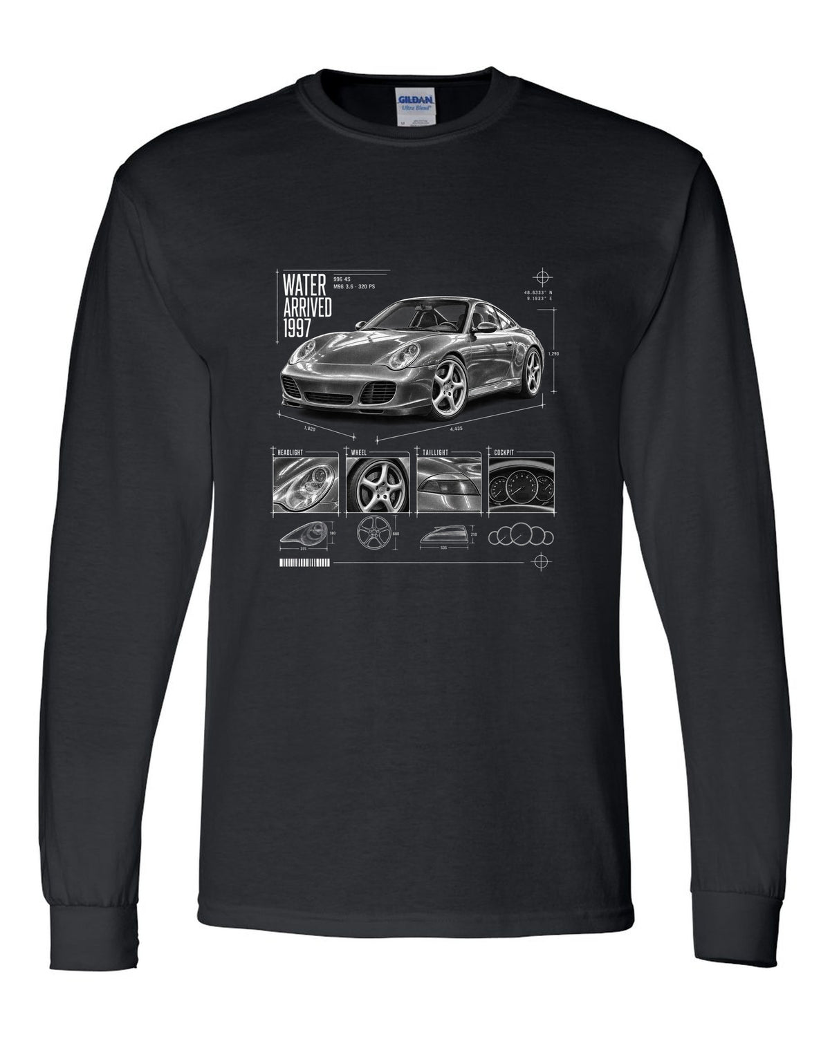 Dossier panel print of a Porsche 911 Carrera 4S (996) with the heading Water Arrived 1997 black long sleeve front view with the design