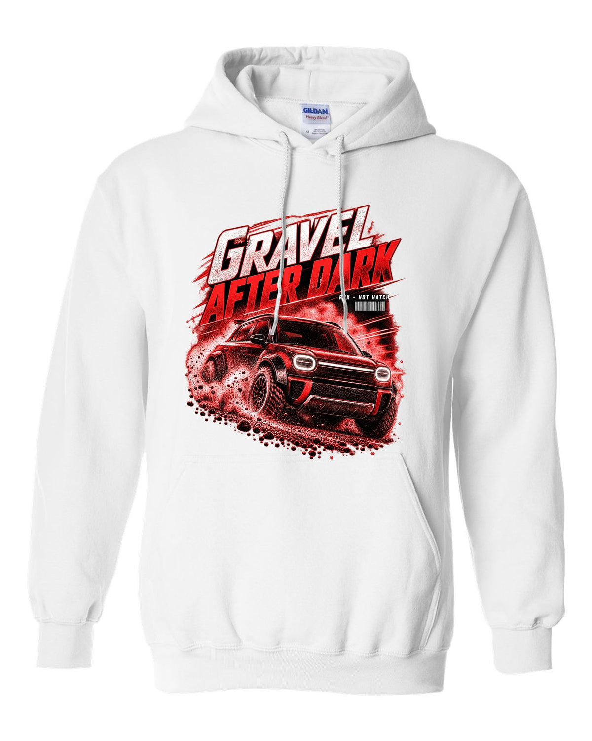 Rivian R3X hot ch with rally flares on a gravel road at night white pull over hoodie front view with the design