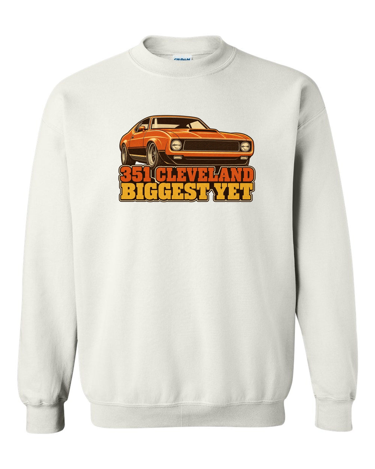 Vintage 70s race poster print of a 1971 Ford Mustang fastback with 351 Cleveland text white crewneck front view with the design