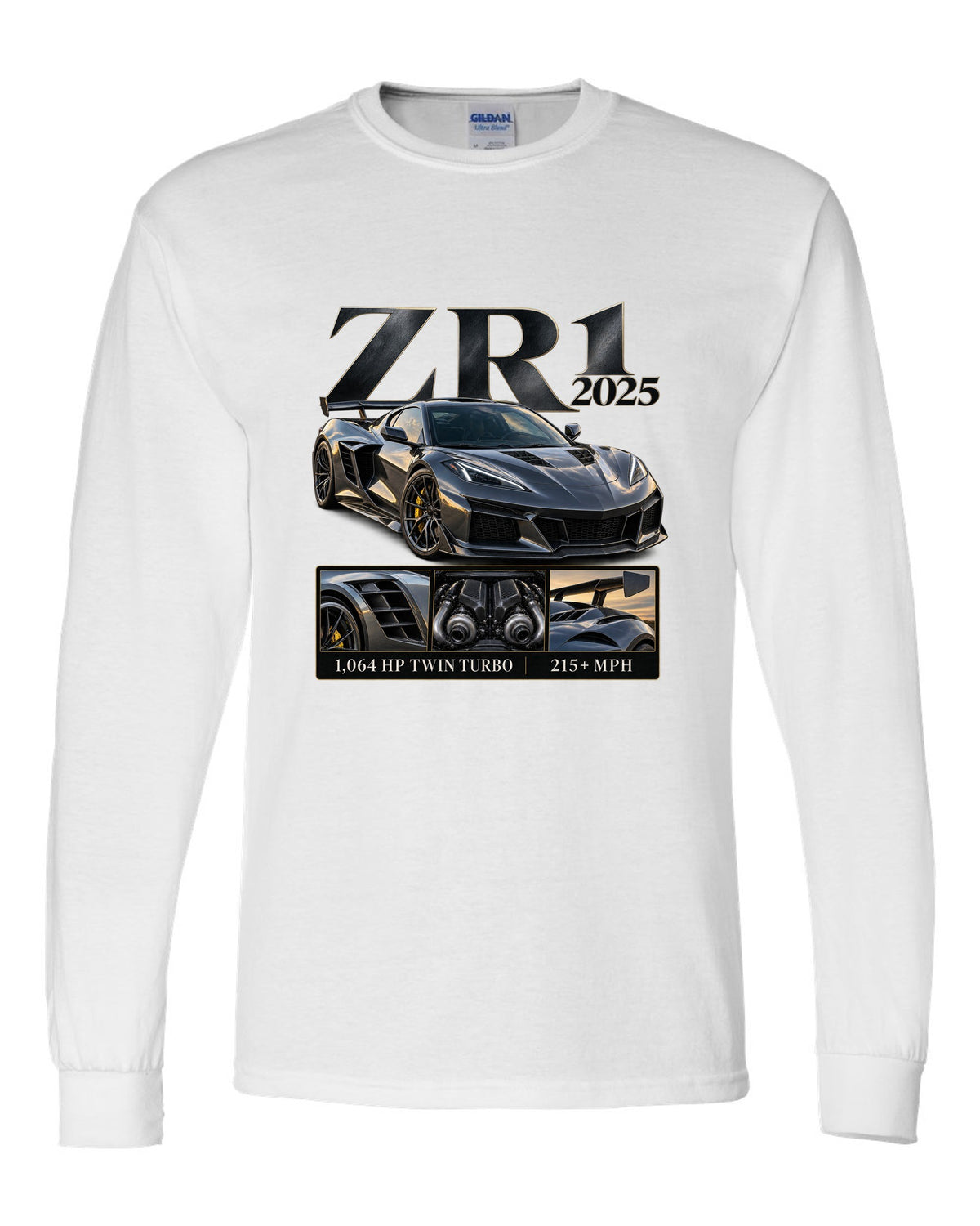 Corvette C8 ZR1 2025 with large fender vents, archive panel white long sleeve front view with the design