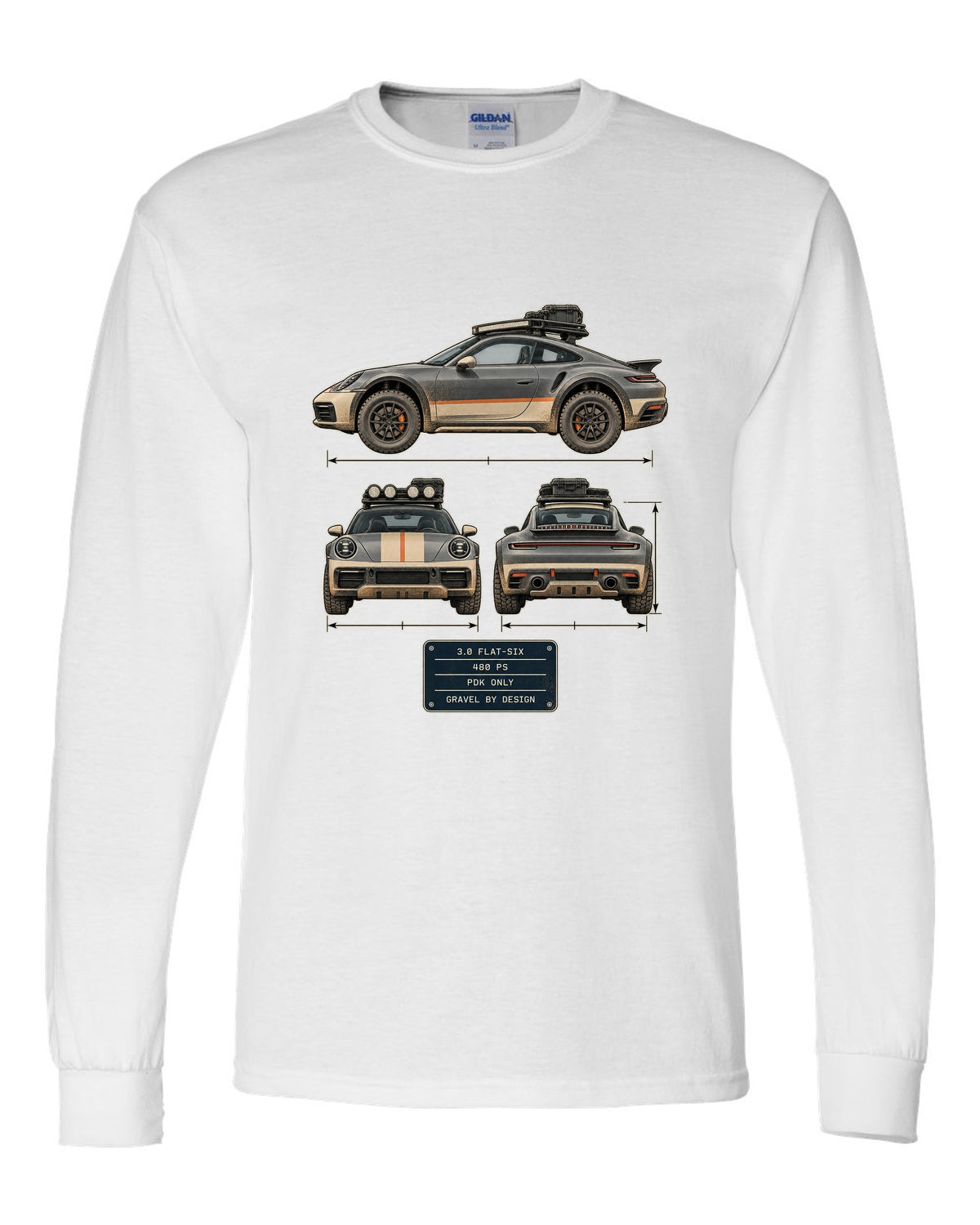 Three-view and spec table print of a Porsche 911 Dakar 992 white long sleeve front view with the design