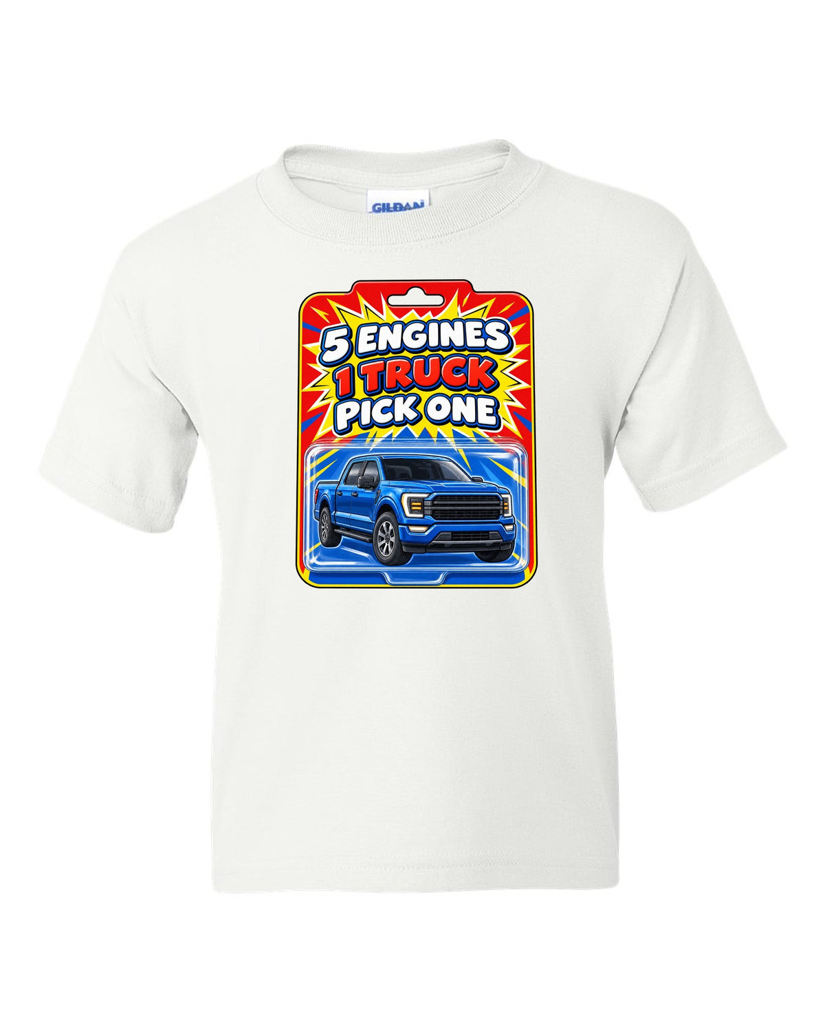 Toy card style print of a 2021 Ford F-150 P702 with five engines one truck text white kids tee front view with the design