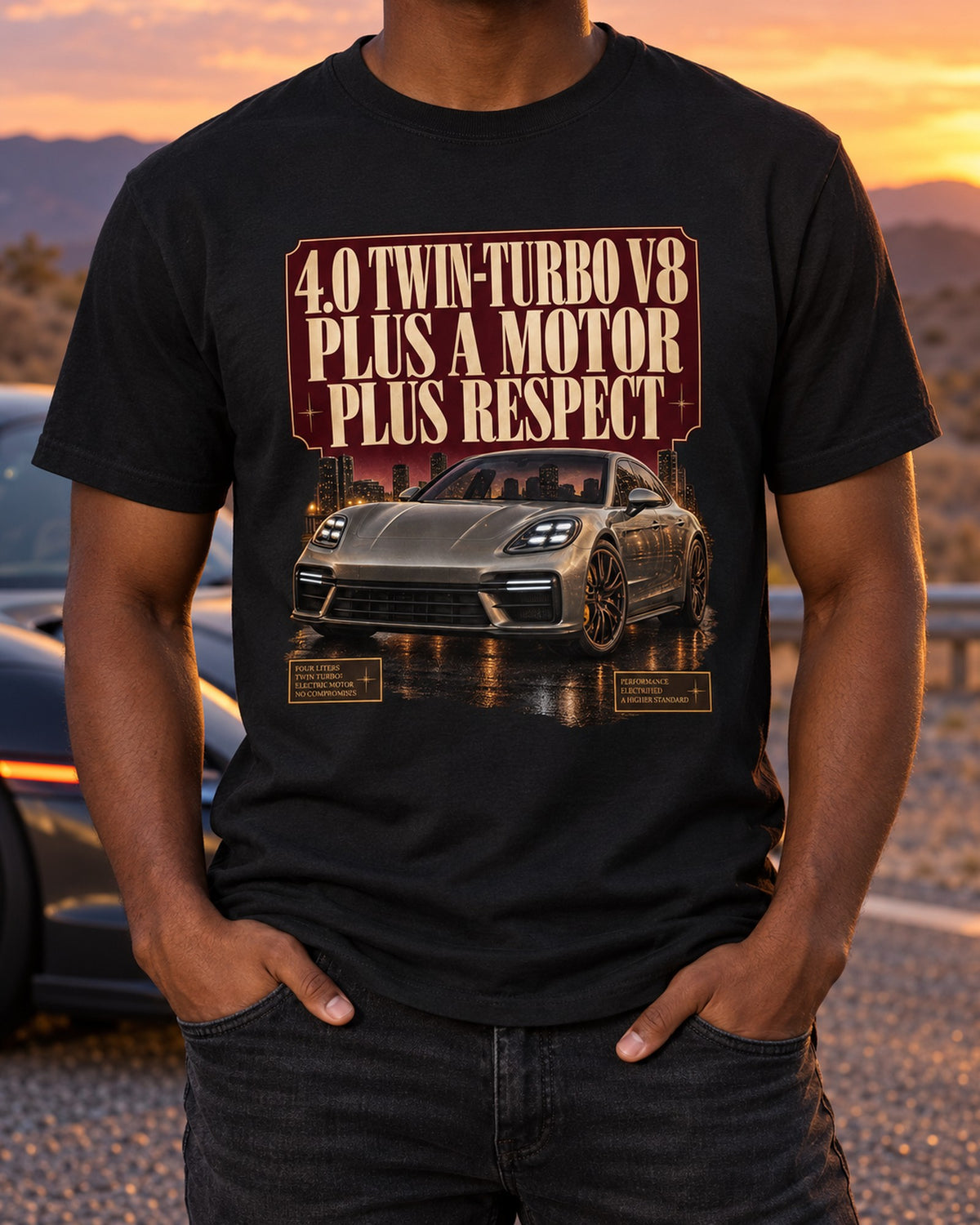 Porsche Panamera Turbo S E-Hybrid G3 Editorial Headline Tee T-Shirt Black worn hero