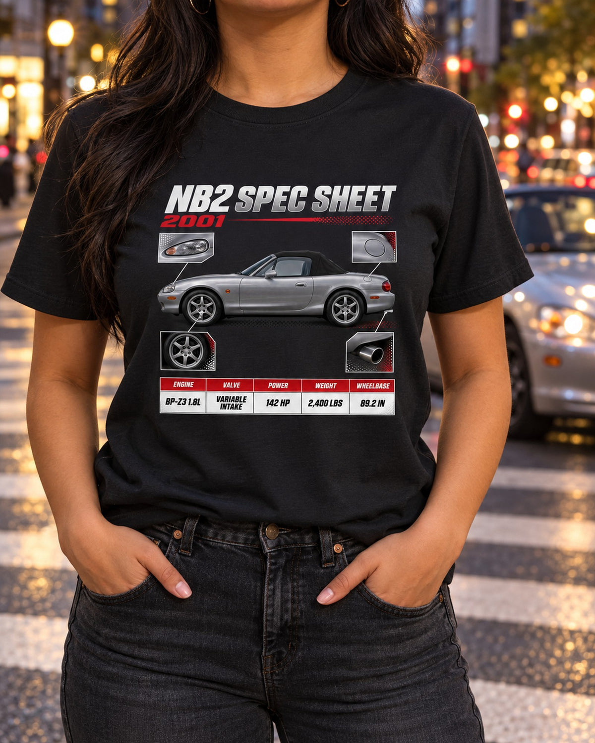Mazda MX-5 NB2 Spec Sheet Shirt, 2001 Variable Intake T-Shirt Black worn hero