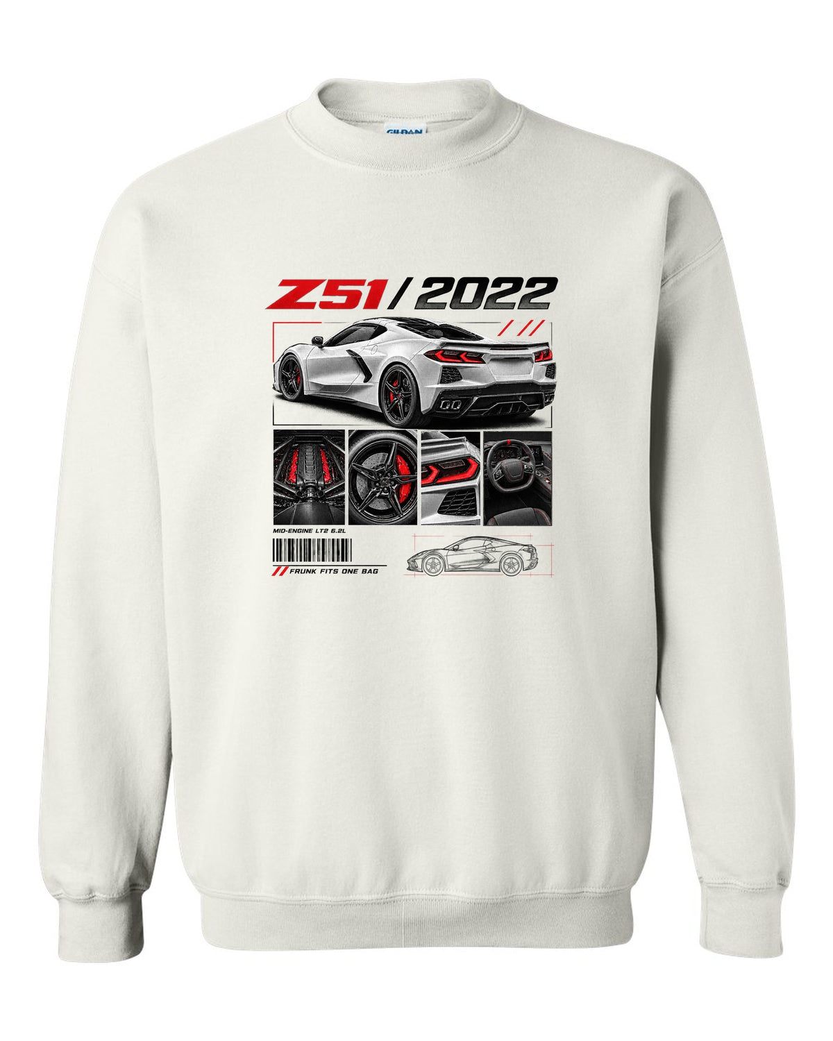 Corvette C8 Stingray Z51 2022 in dossier panels white crewneck front view with the design