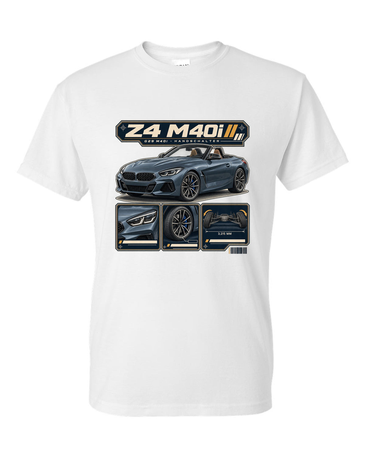 Dossier panel print of the BMW i7 M70 G70 noting rear wheel steering white t-shirt front view with the design