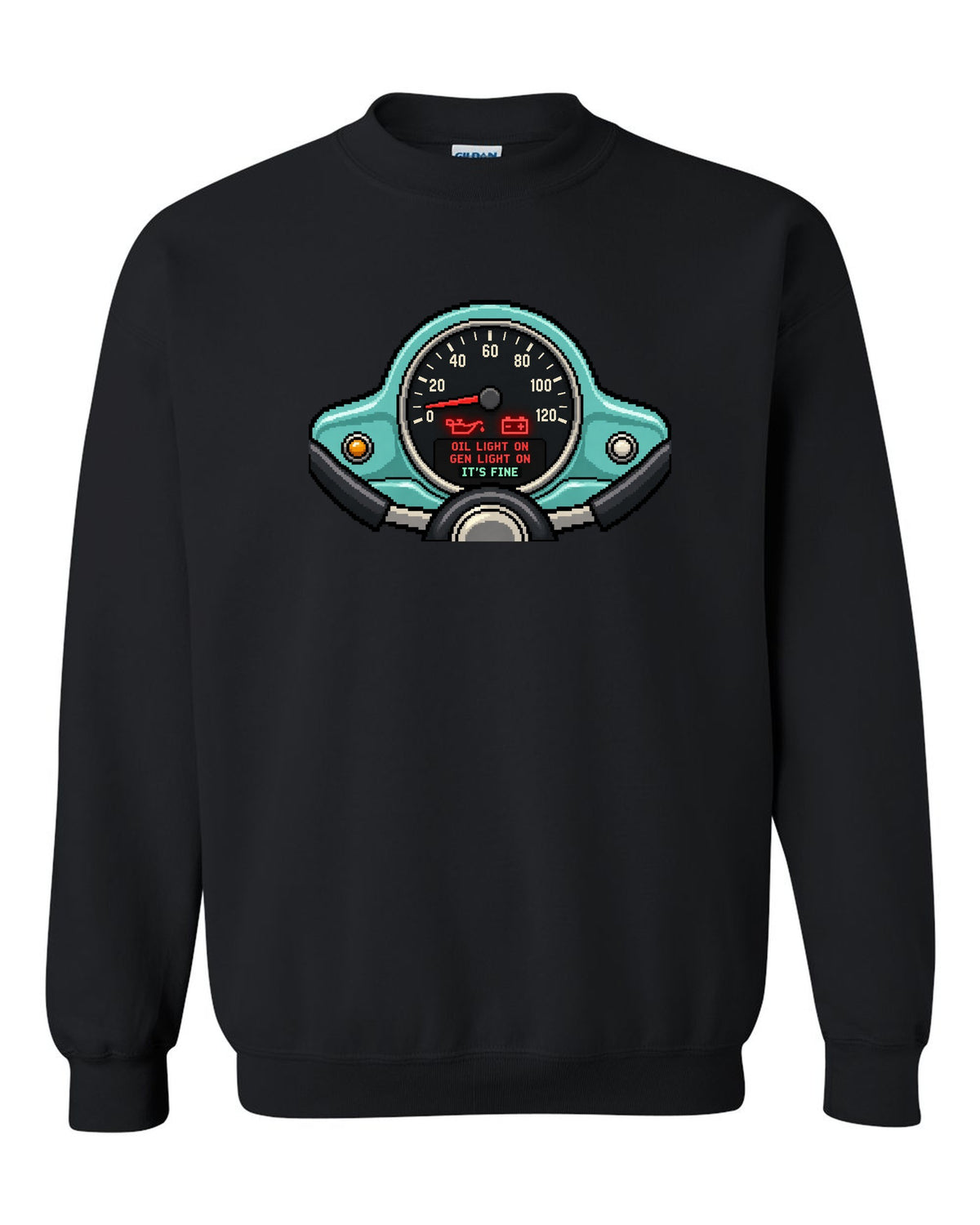 Pixel LED segmented display print of a VW Beetle Type 1 dashboard with warning light lettering black crewneck front view with the design
