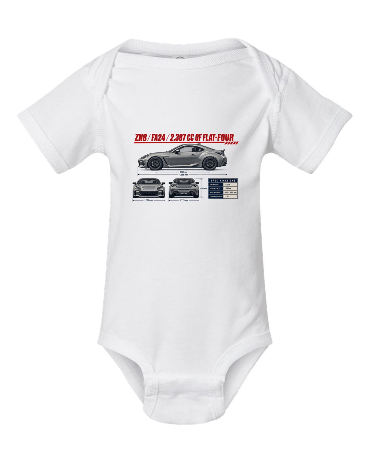 Three-view drawing with spec table of a Toyota GR86 ZN8, poster-style print white baby onesie front view with the design