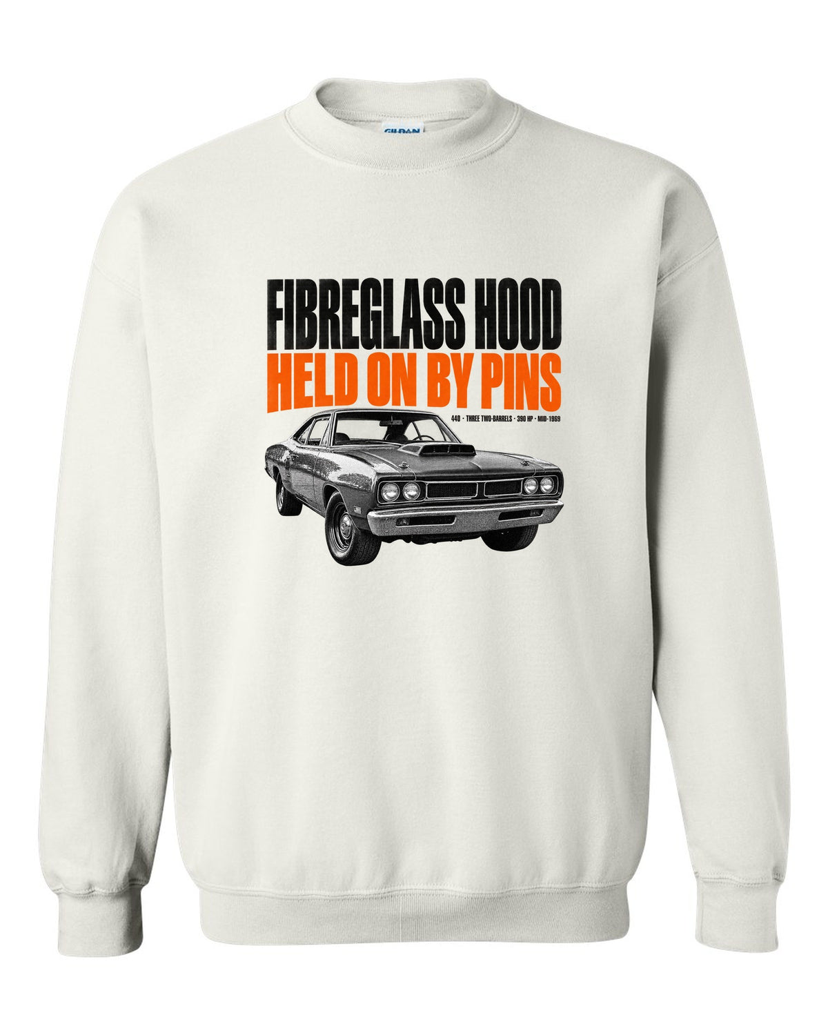 1969 Dodge Coronet Super Bee A12 hood halftone print with fibreglass hood and pins lettering white crewneck front view with the design