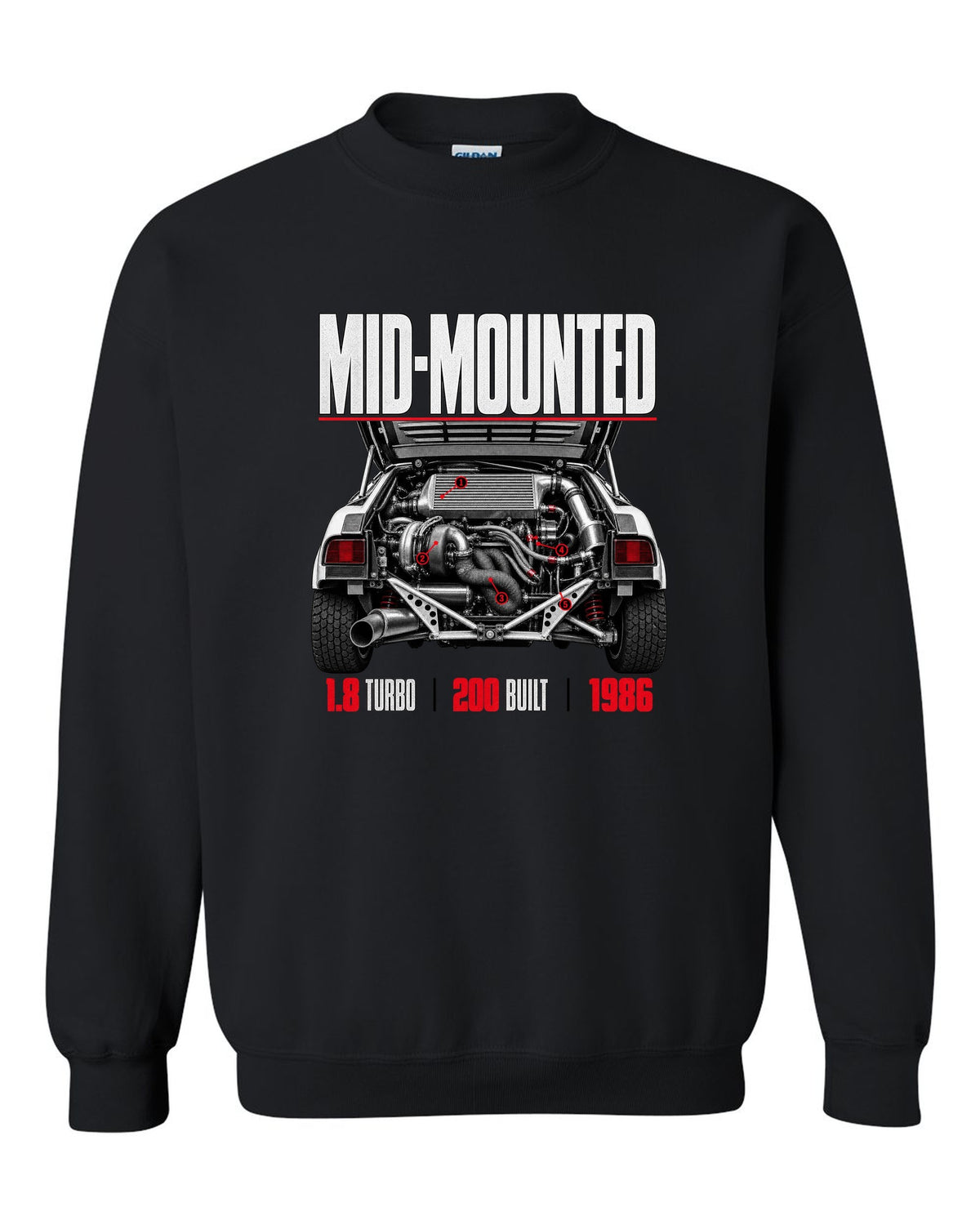 Ford RS200 Group B engine close-up print with mid-mounted turbo text black crewneck front view with the design
