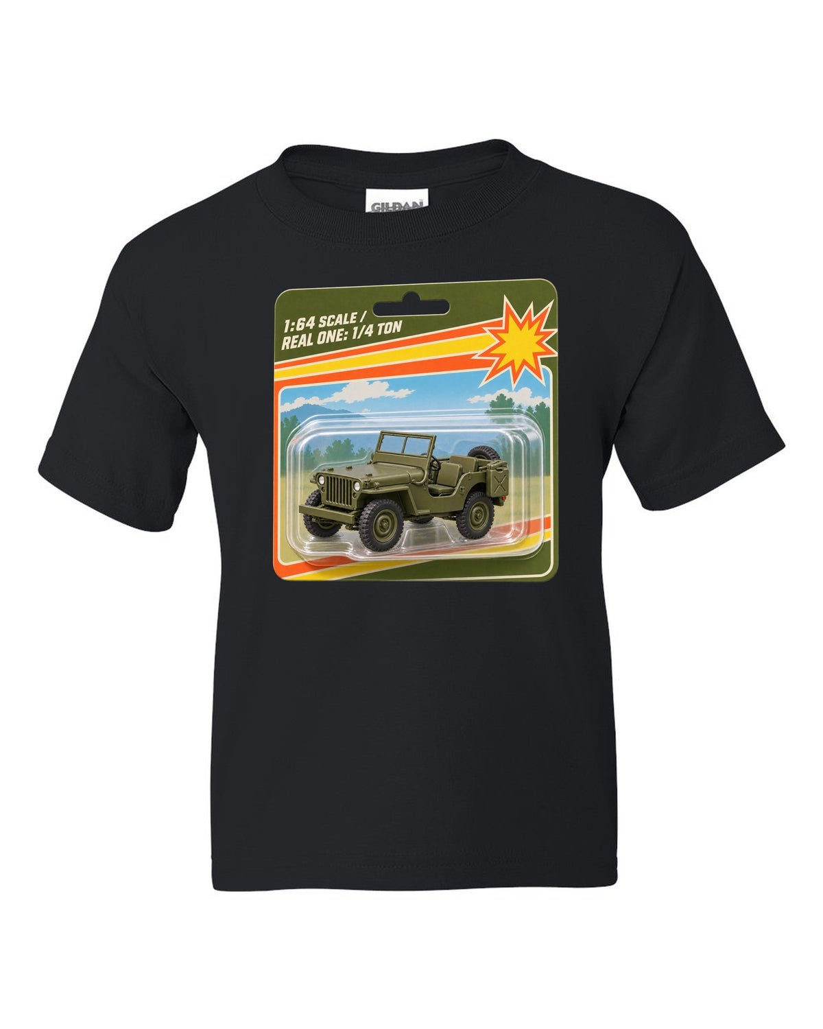 Toy blister card style print of a Willys MB with 1:64 scale text black kids tee front view with the design