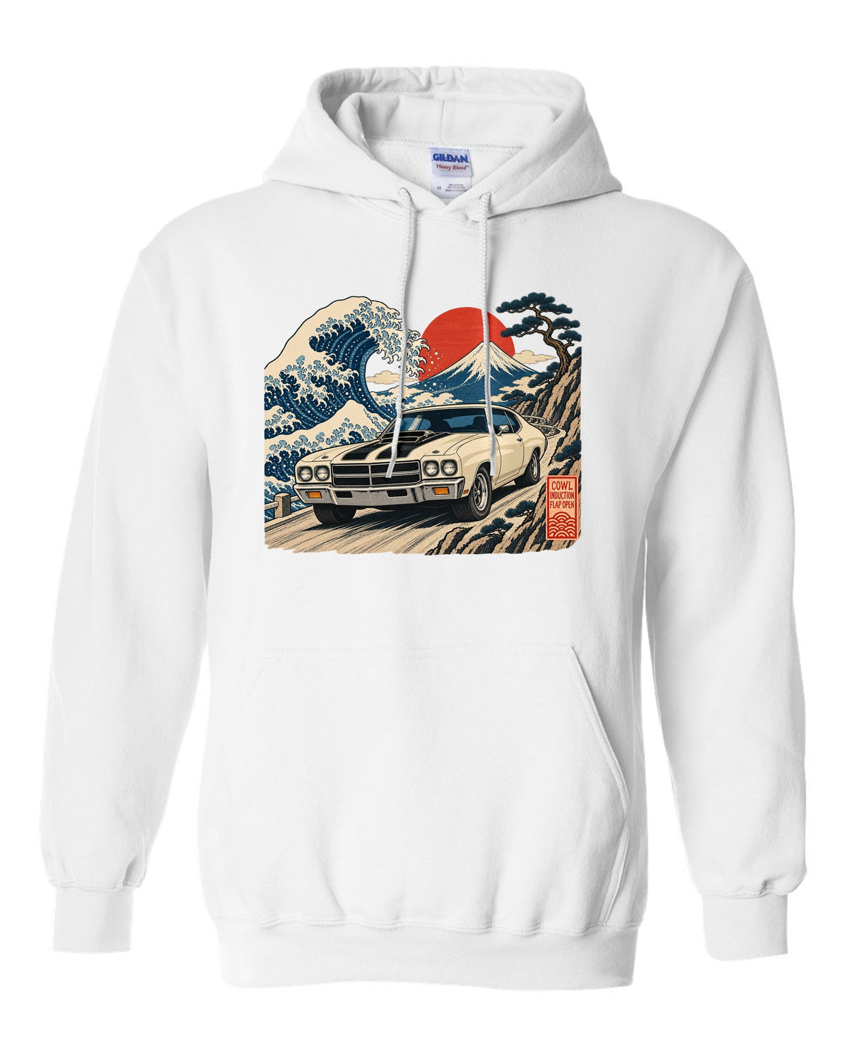 Ukiyo-e woodblock print of a 1970 Chevelle SS with the text Cowl Induction, Flap Open white pull over hoodie front view with the design