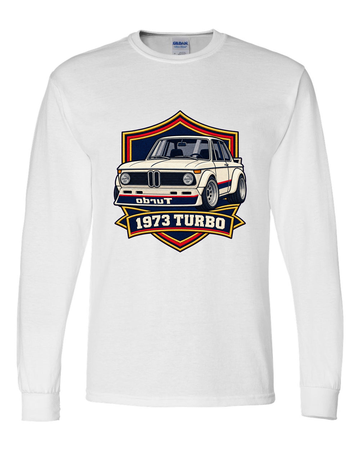 BMW 2002 turbo varsity crest print with mirrored turbo lettering and 1973 white long sleeve front view with the design
