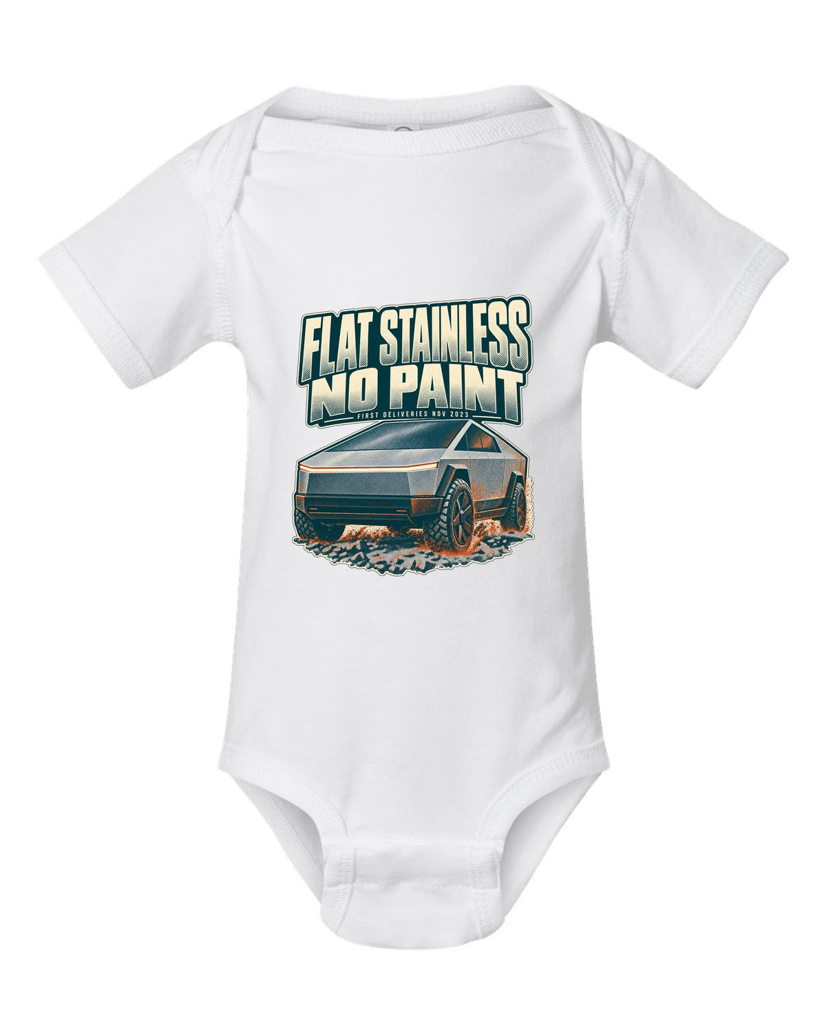 Halftone print of a Tesla Cybertruck front three-quarter with flat stainless text white baby onesie front view with the design