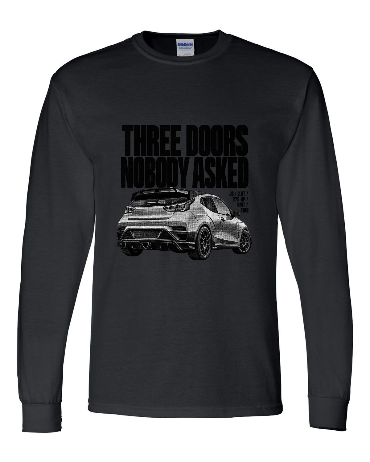 Hyundai Veloster N JS halftone print with three doors text black long sleeve front view with the design