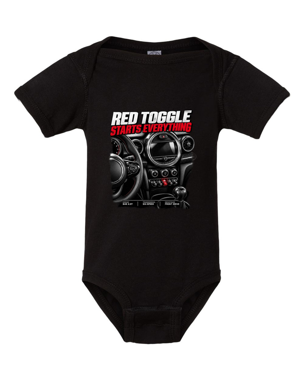 print of the Mini Cooper JCW F56 centre stack with the red toggle switch black baby onesie front view with the design