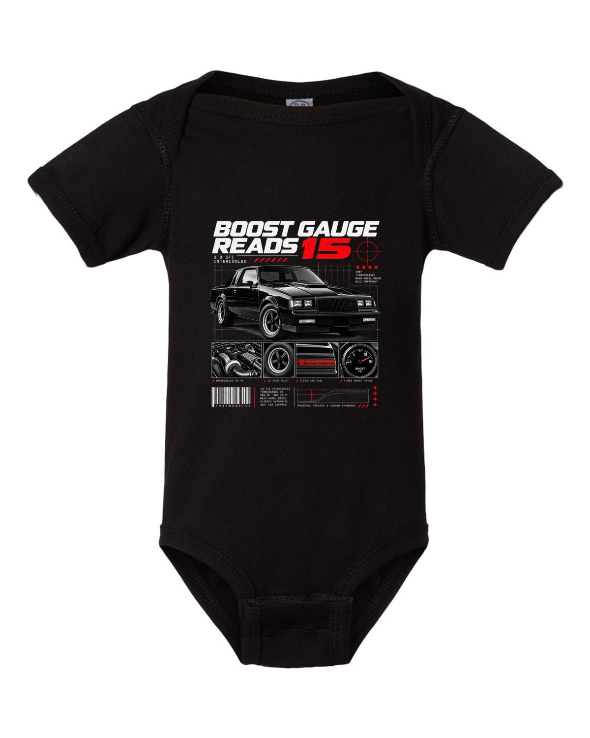 Dossier-panel print of a 1987 Buick Regal Grand National with 3.8 SFI and boost gauge notes black baby onesie front view with the design
