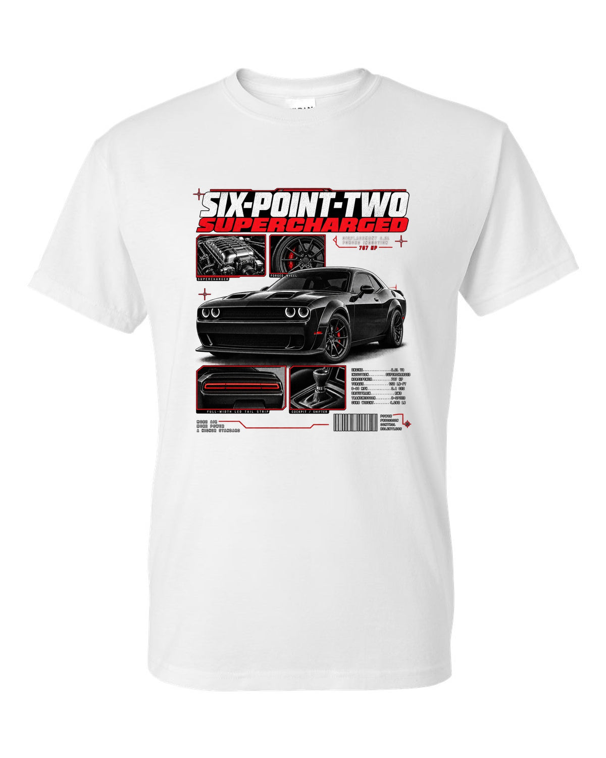Dossier panel print of a 2018 Dodge Challenger LC/LA with 6.2 supercharged and 707 HP text white t-shirt front view with the design