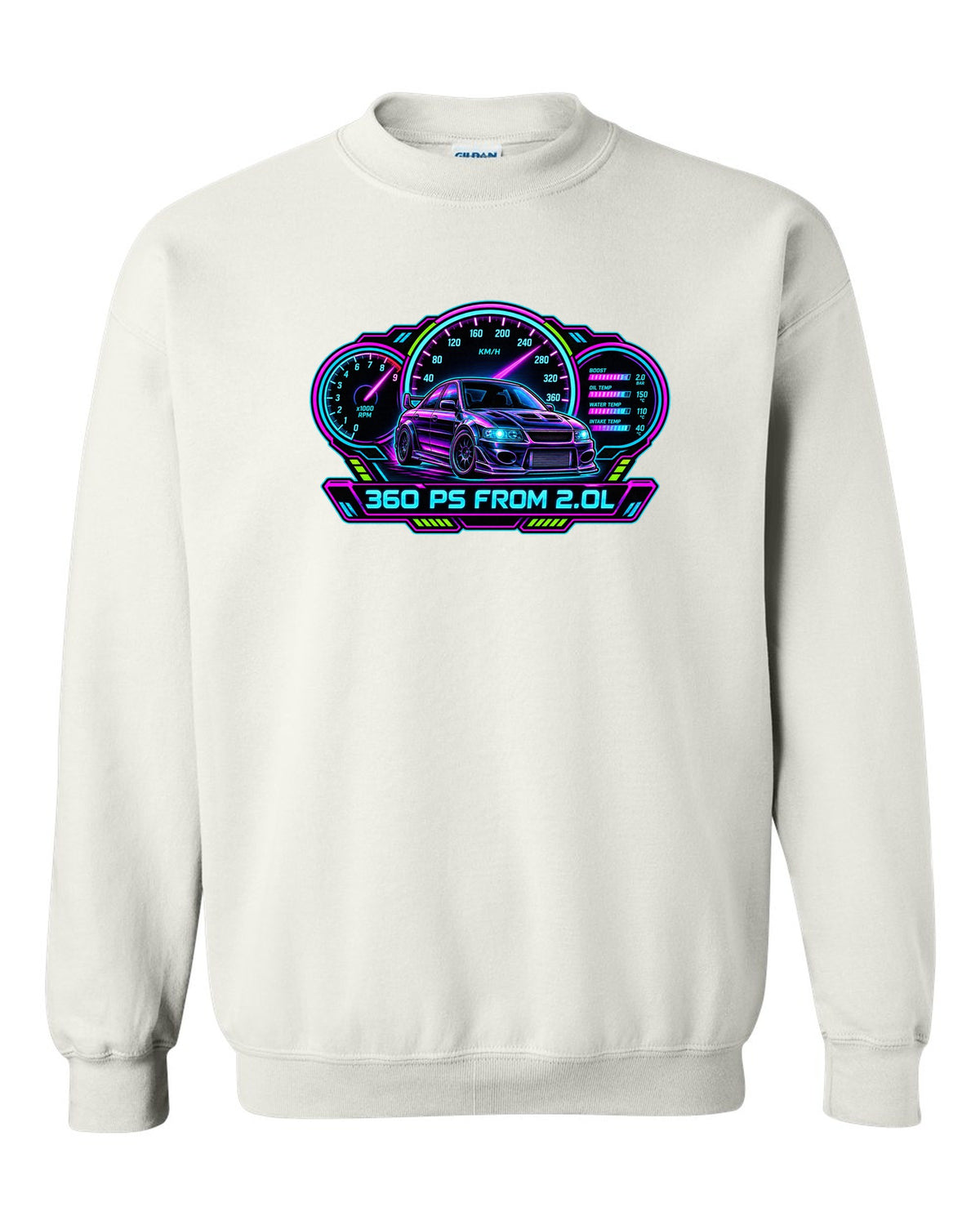 Neon cyberpunk gauge cluster print for the Mitsubishi Evo IX CT9A with 360 PS from 2.0L text white crewneck front view with the design