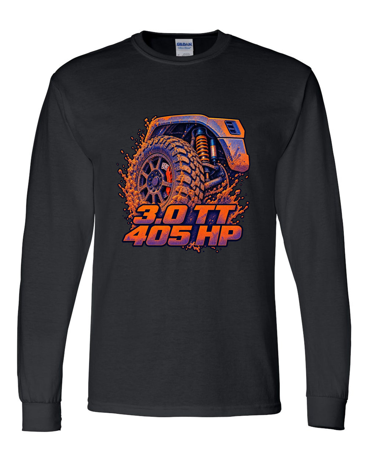 Ford Ranger Raptor P703 wheel and brake in a risograph style print black long sleeve front view with the design