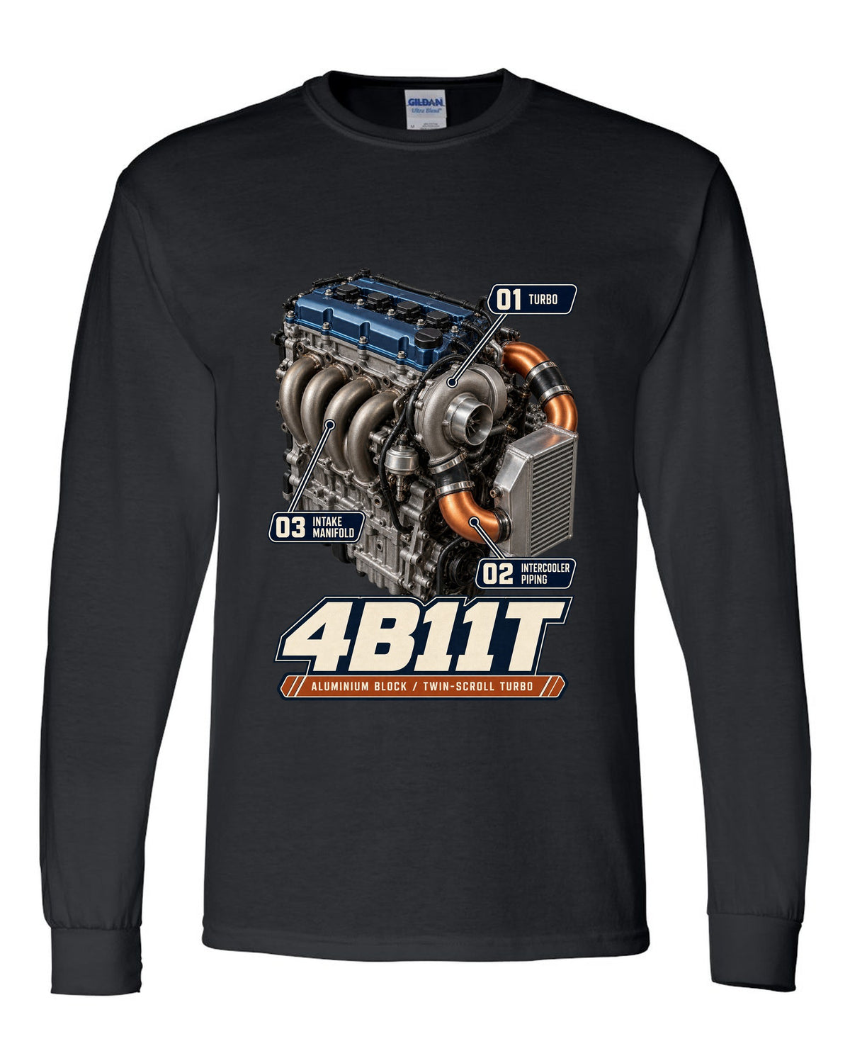 Mitsubishi Lancer Evolution X 4B11T engine bay poster print black long sleeve front view with the design