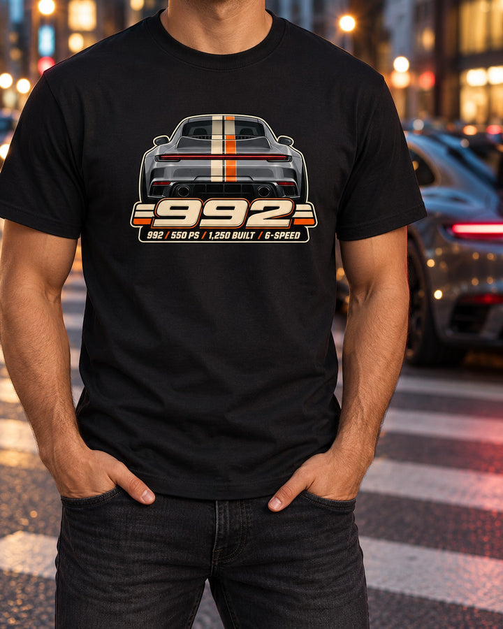 Porsche 992 Sport Classic Ducktail 70s Racing Stripe Shirt T-Shirt Black worn hero