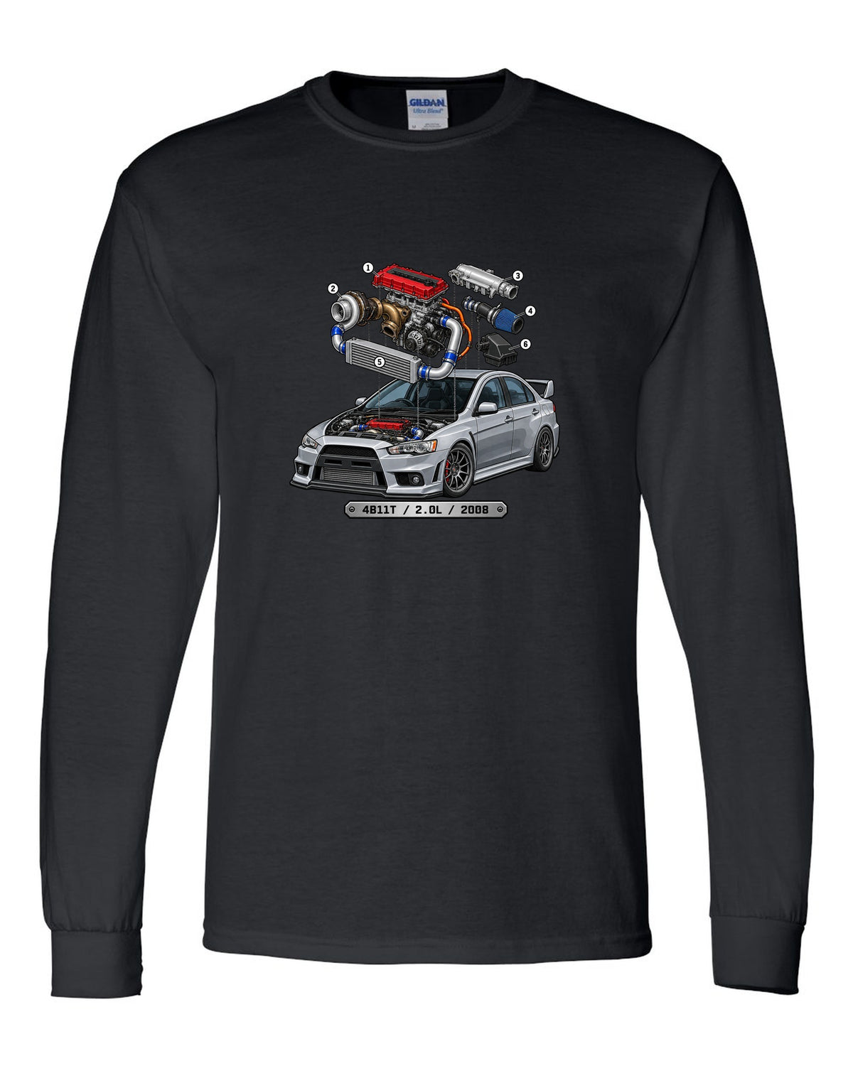 Exploded engine cutaway print for the Mitsubishi Evo X CZ4A with 4B11T 2.0L 2008 text black long sleeve front view with the design
