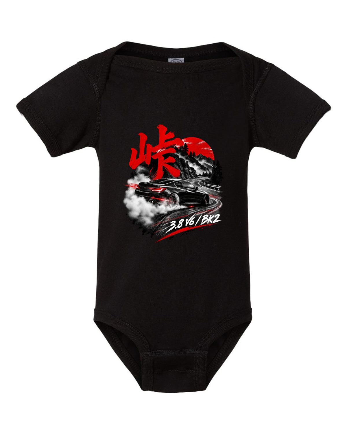 Hyundai Genesis Coupe BK2 on a mountain pass at night with kanji touge text black baby onesie front view with the design