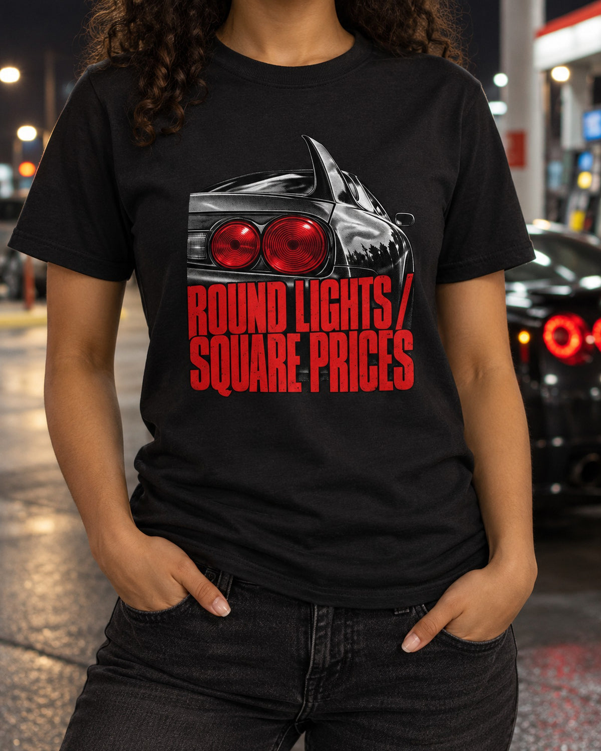 Round Lights Square Prices Tee, Toyota Supra A80 Taillight T-Shirt Black worn hero