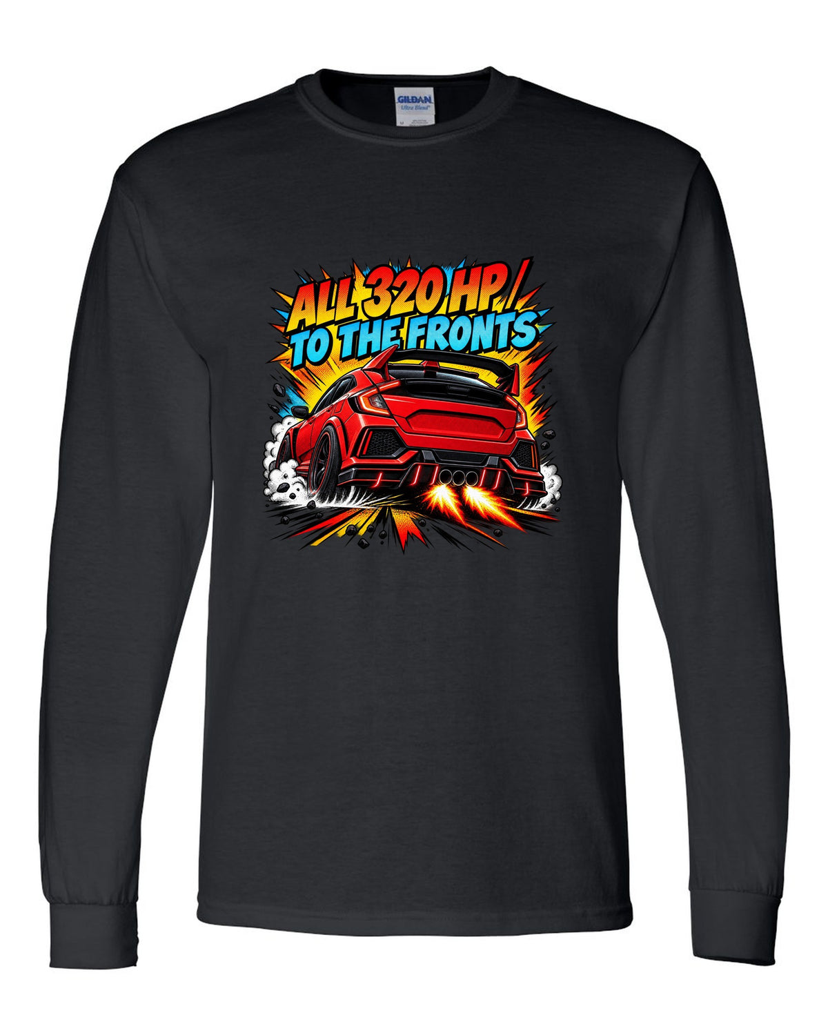 Halftone comic print of a Honda Civic Type R FK8 with triple exhaust and 320 HP text black long sleeve front view with the design