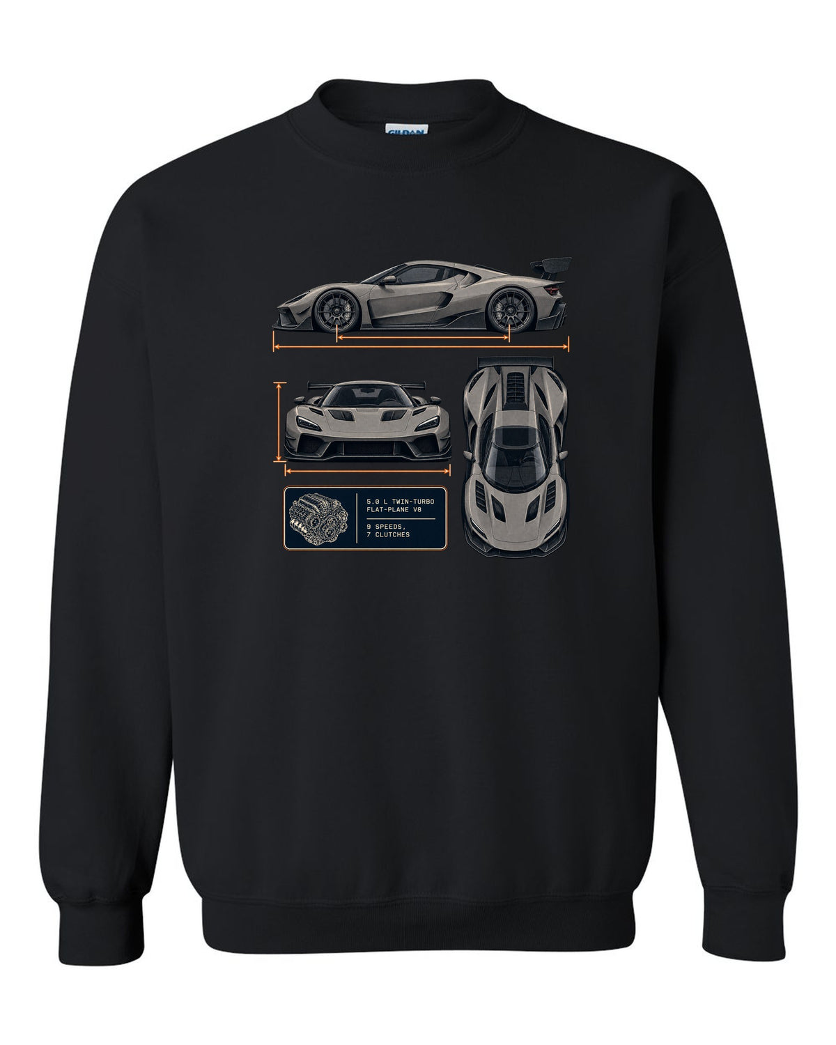 Three-view drawing and spec table of the Koenigsegg Jesko Attack, print black crewneck front view with the design