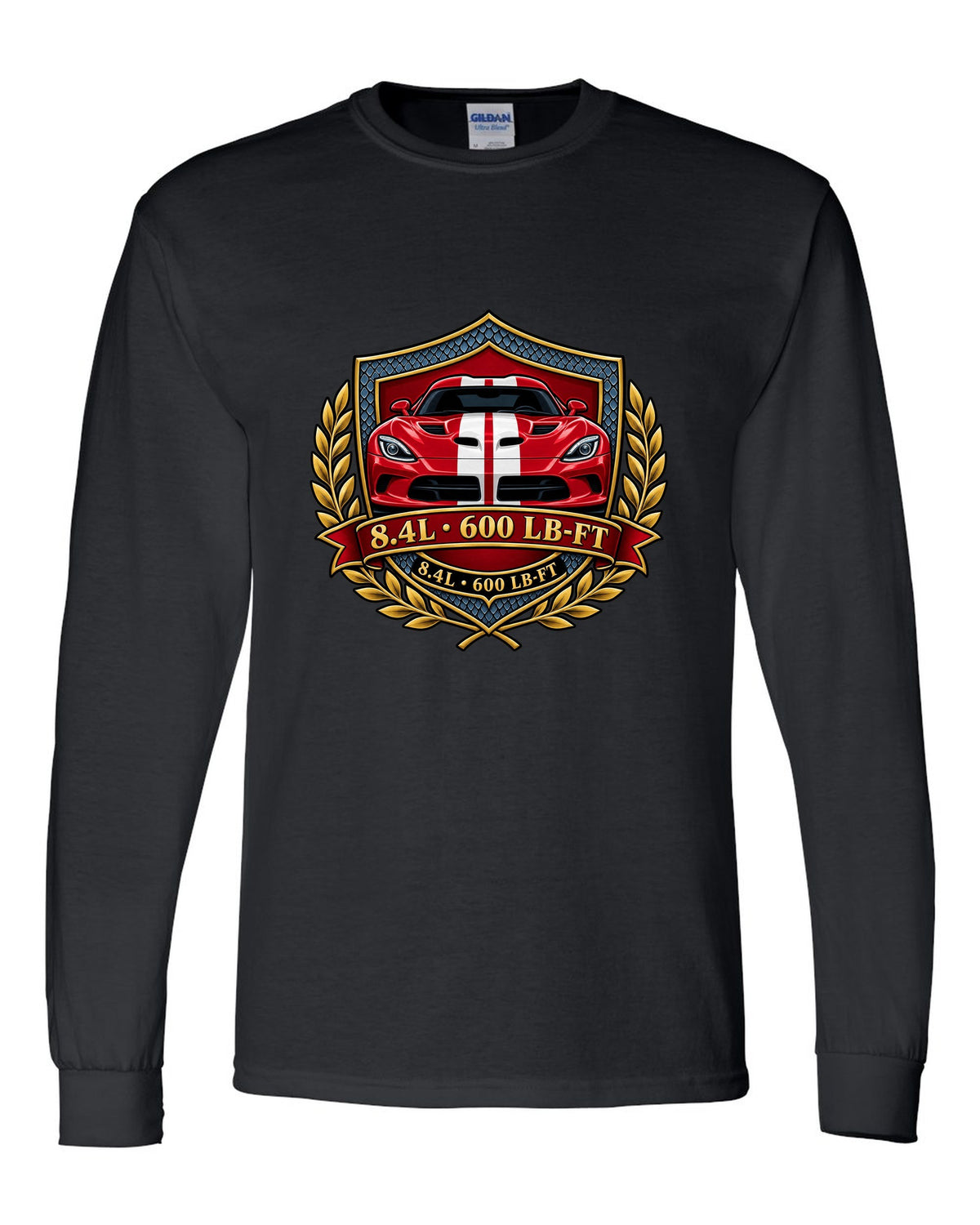 Original shield crest design for the 2013 Dodge Viper VX I with 8.4L and 600 LB-FT lettering black long sleeve front view with the design
