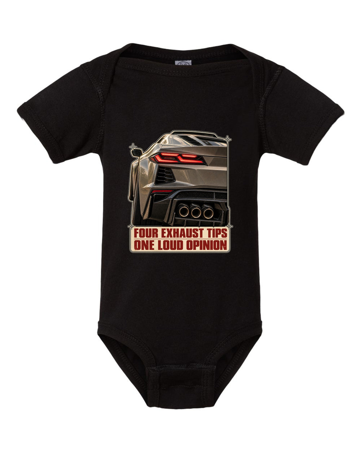 Taillight macro print of a Chevrolet Corvette C8 Z06 with four exhaust tips black baby onesie front view with the design