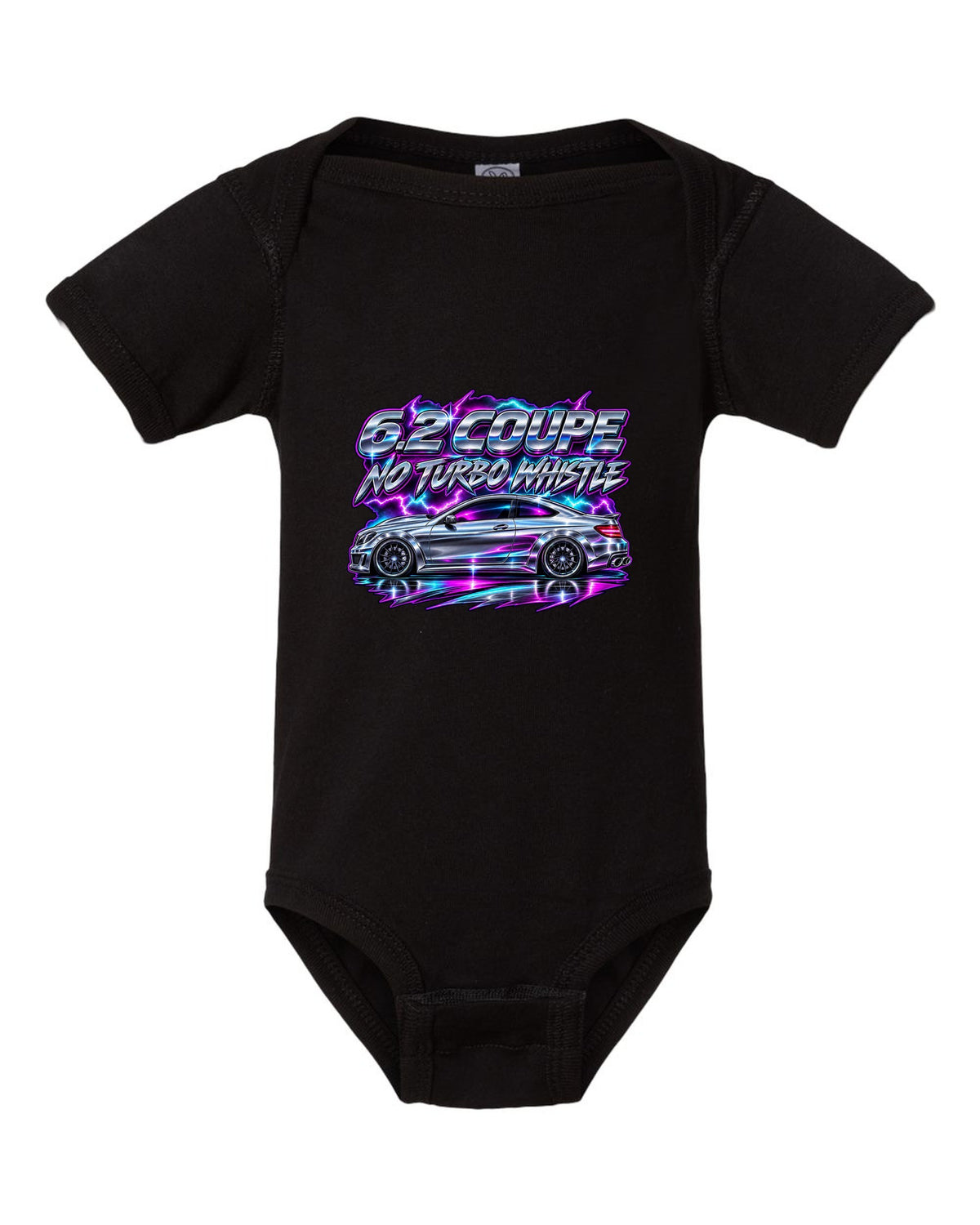 80s chrome airbrush print of a Mercedes C63 Coupe C204 black baby onesie front view with the design