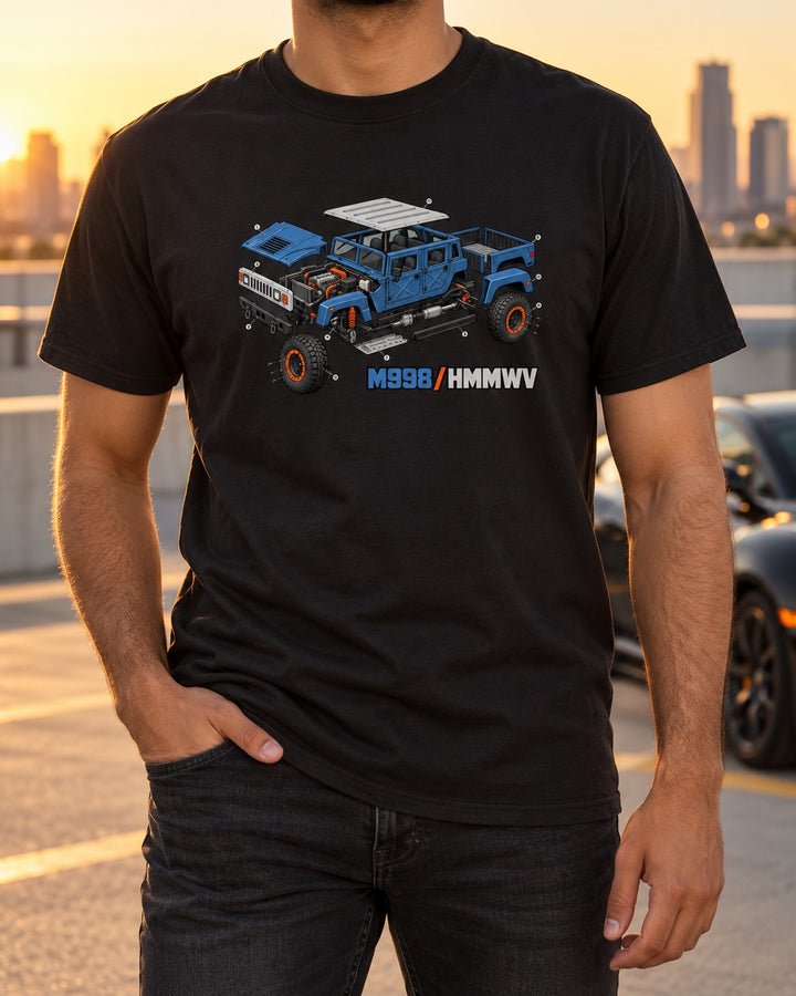 Hummer H1 Isometric Cutaway Shirt, M998 HMMWV Car Guy Tee T-Shirt Black worn hero