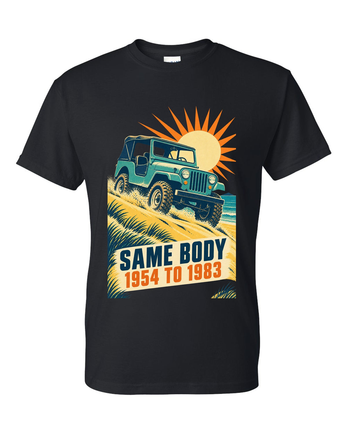 Vintage race poster print of a Jeep CJ-5 climbing a dune black t-shirt front view with the design