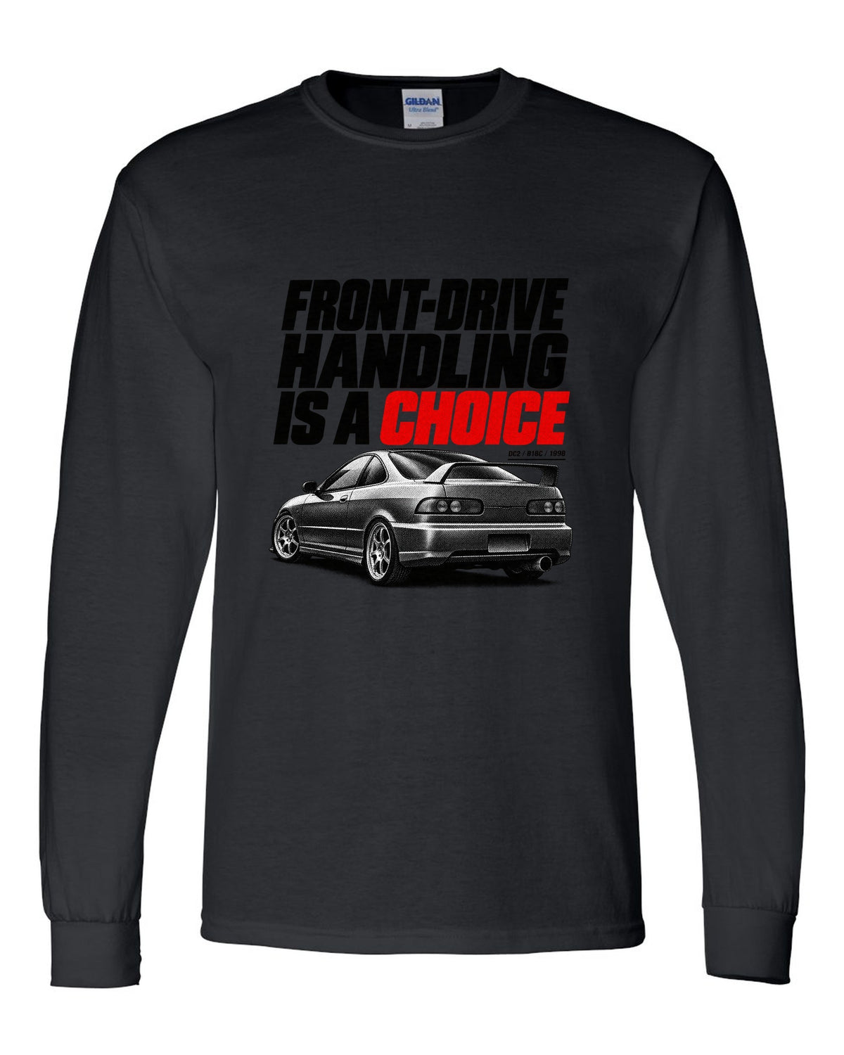 Honda Integra DC2 coupe halftone design with front-drive handling is a choice text black long sleeve front view with the design