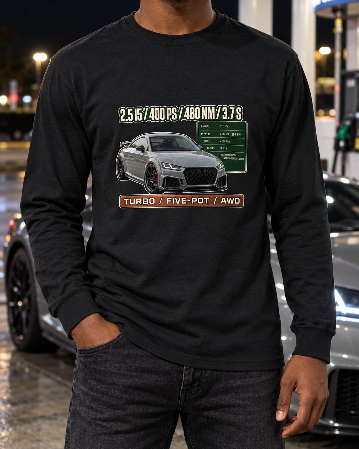 Audi TT RS 8S Spec Poster Shirt, 2.5 I5 400 PS print Long Sleeve Black worn hero