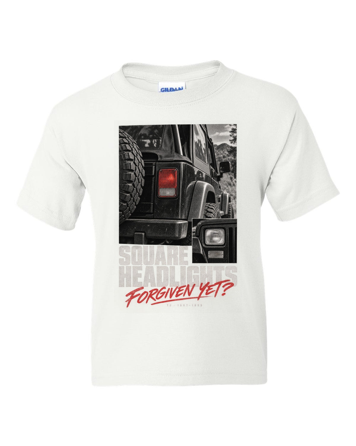 Detail macro print for the Jeep Wrangler YJ square headlights, 1987-1995 white kids tee front view with the design
