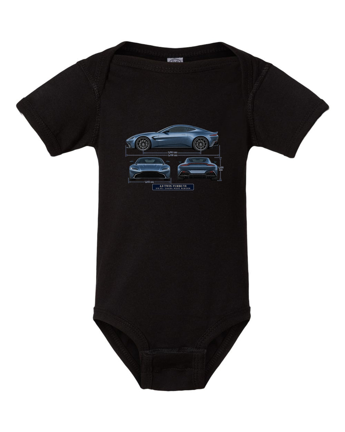 Aston Martin Vantage 2018 three-view print with 4.0 twin-turbo V8 510 PS spec table black baby onesie front view with the design