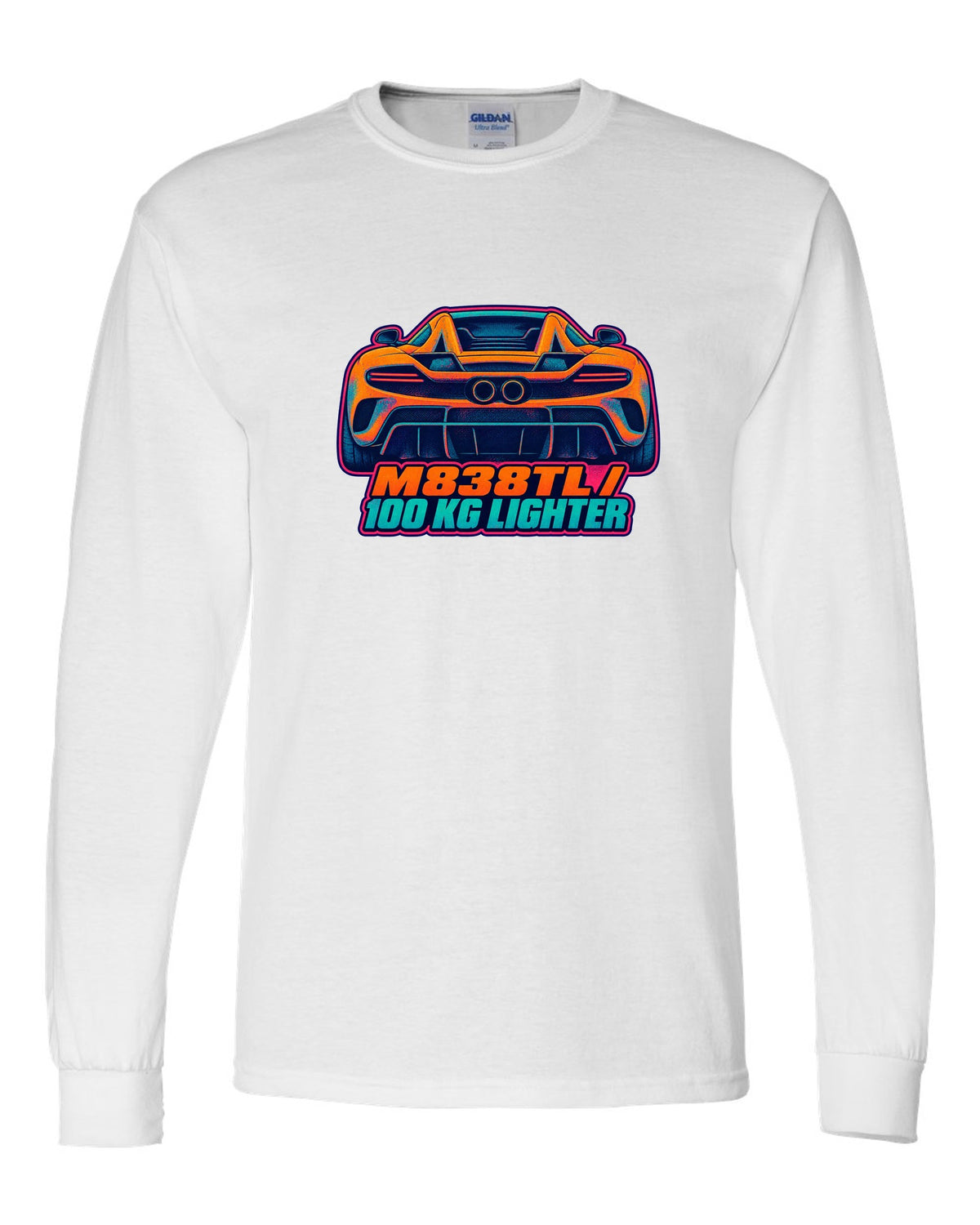 Risograph spot colour print of the McLaren 675LT flying buttress with M838TL and 100 kg Lighter lettering white long sleeve front view with the design