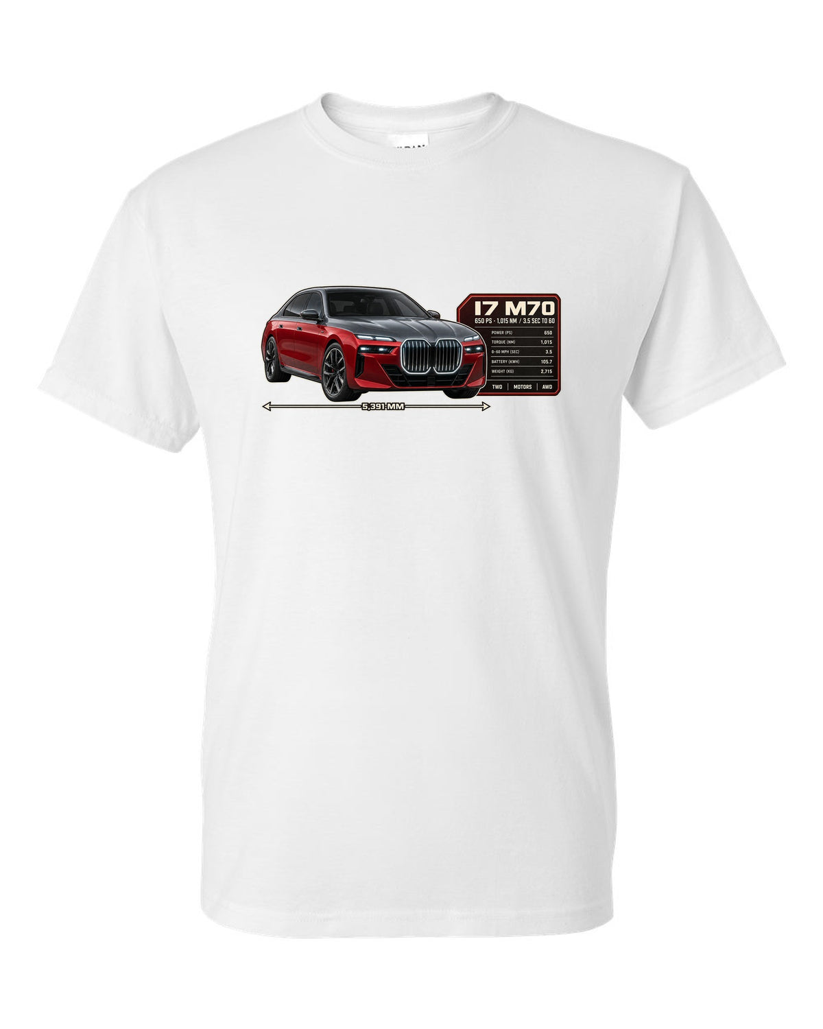 Spec poster print of the BMW i7 M70 xDrive with 650 PS and 1,015 Nm white t-shirt front view with the design
