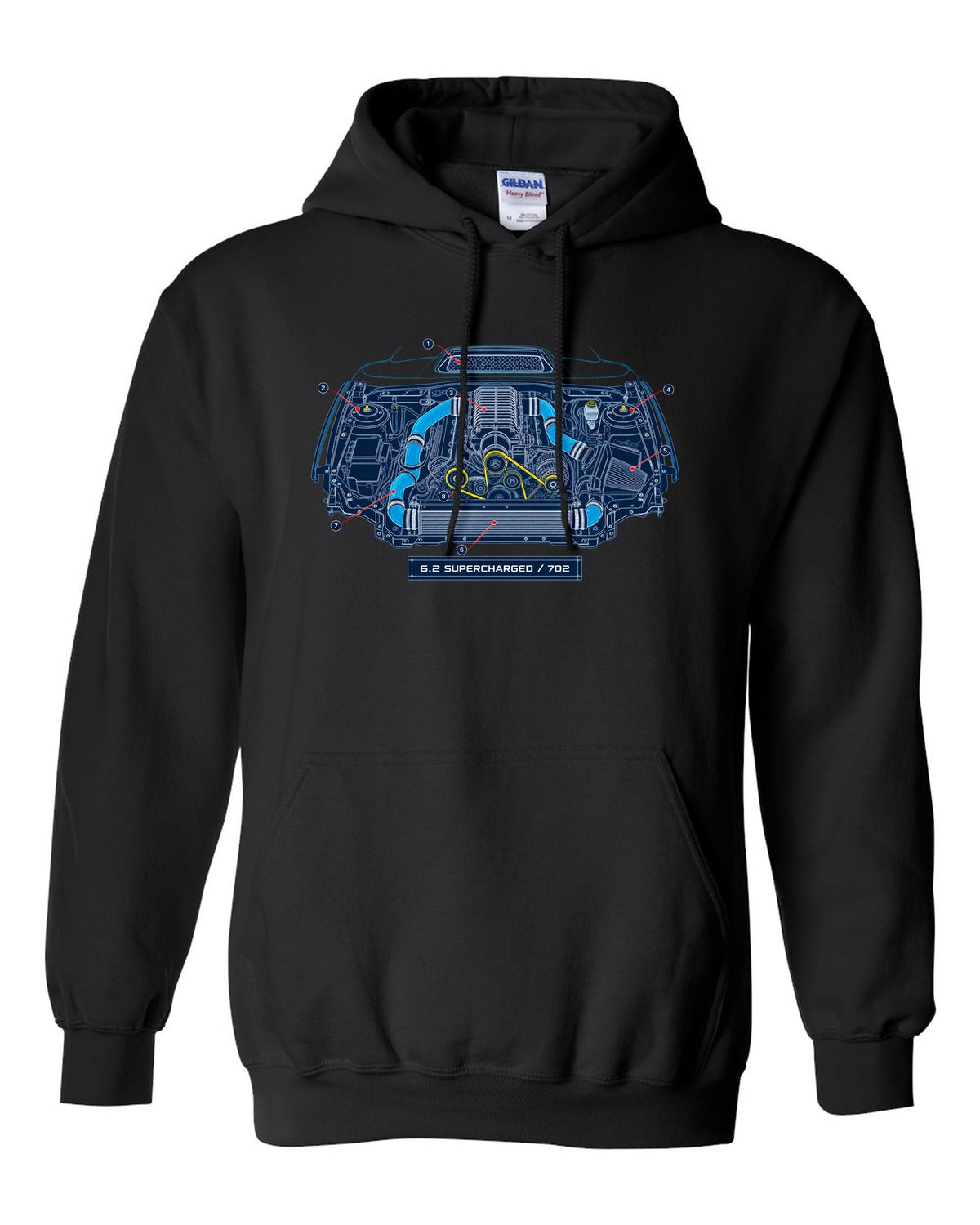 Blueprint-style print of the Ram 1500 TRX engine bay with 6.2 supercharged and 702 callouts black pull over hoodie front view with the design