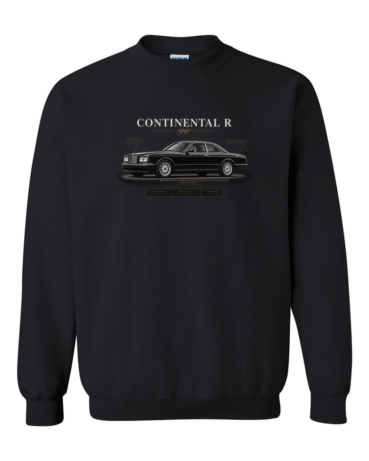 Bentley Continental R 1991 spec poster with 6.75 turbo V8 black crewneck front view with the design