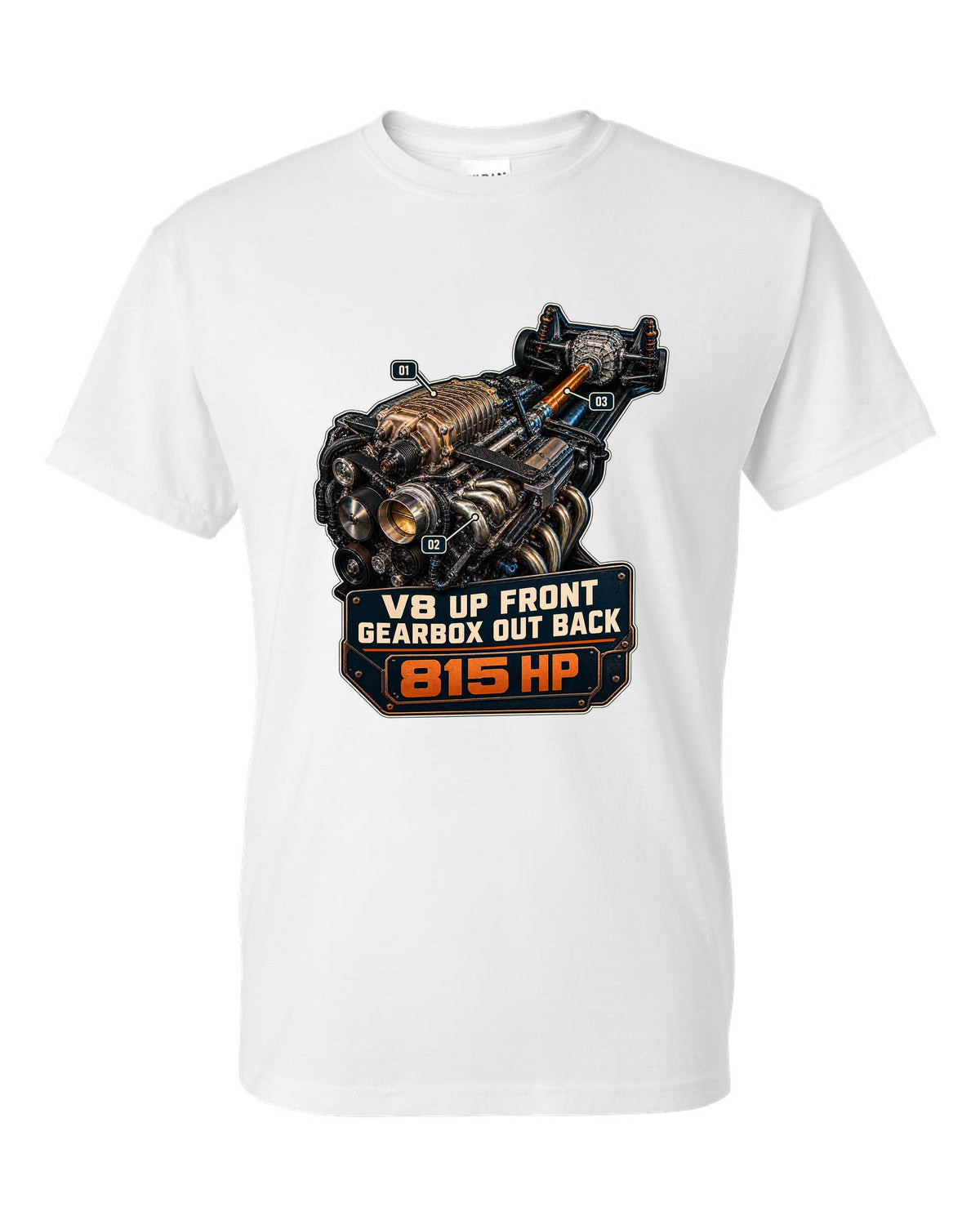 print of a Mustang GTD supercharged V8 engine with V8 up front gearbox out back text white t-shirt front view with the design