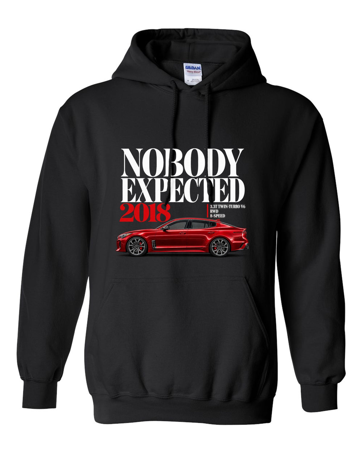 Kia Stinger GT editorial headline print with twin-turbo V6 spec text black pull over hoodie front view with the design