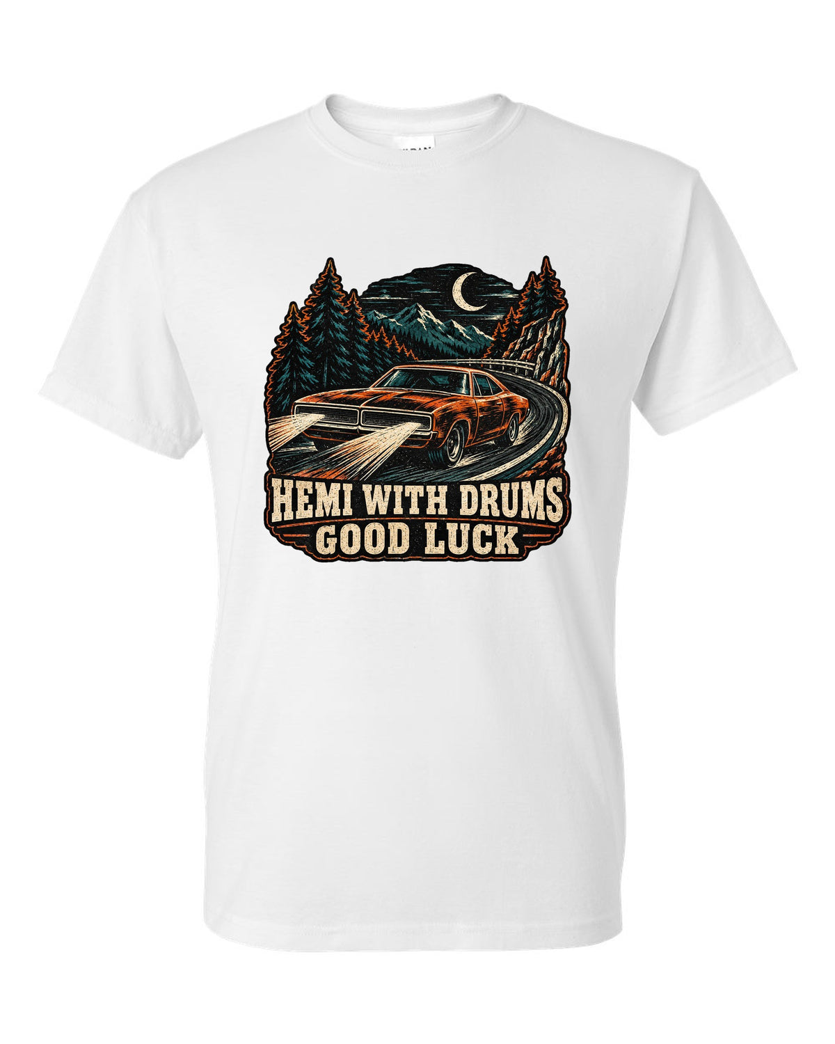 1968 Dodge Charger R/T multi-ink woodcut linocut print with Hemi With Drums Good Luck text white t-shirt front view with the design