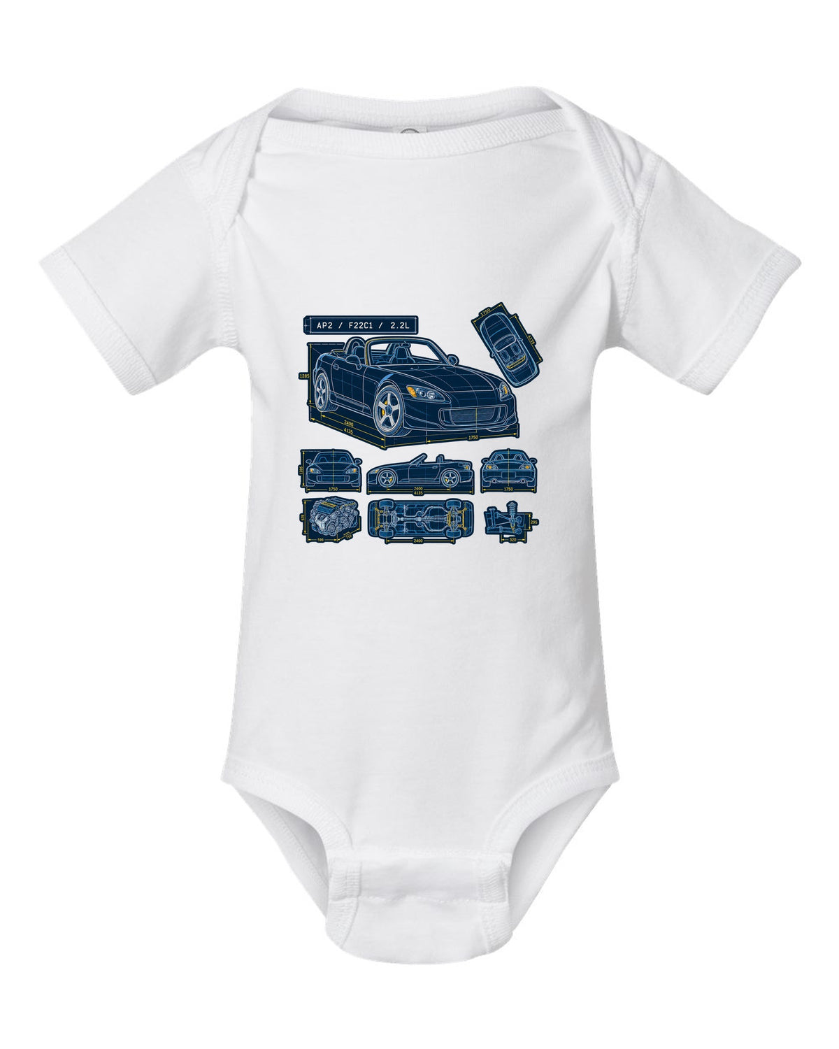 Neon synthwave sunset print of a Honda S2000 AP2 with 8,200 RPM not 9,000 text white baby onesie front view with the design