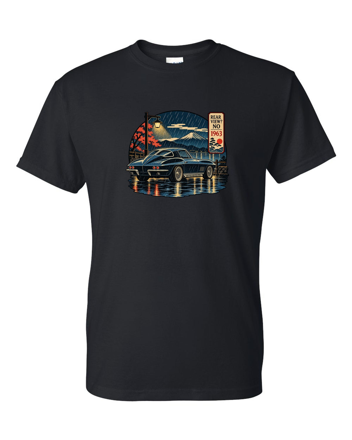 Ukiyo-e woodblock style print of a 1963 Chevrolet Corvette C2 Sting Ray coupe on a rainy night black t-shirt front view with the design